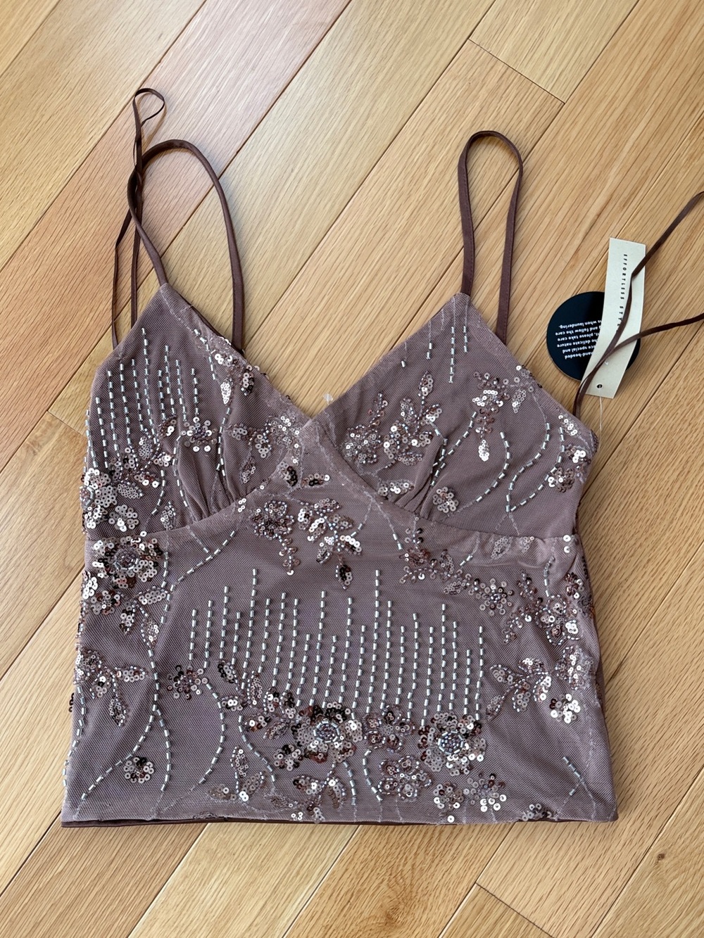 Studio 12 Mauve Beaded Sequin Mesh Cami Tank Top M NWT